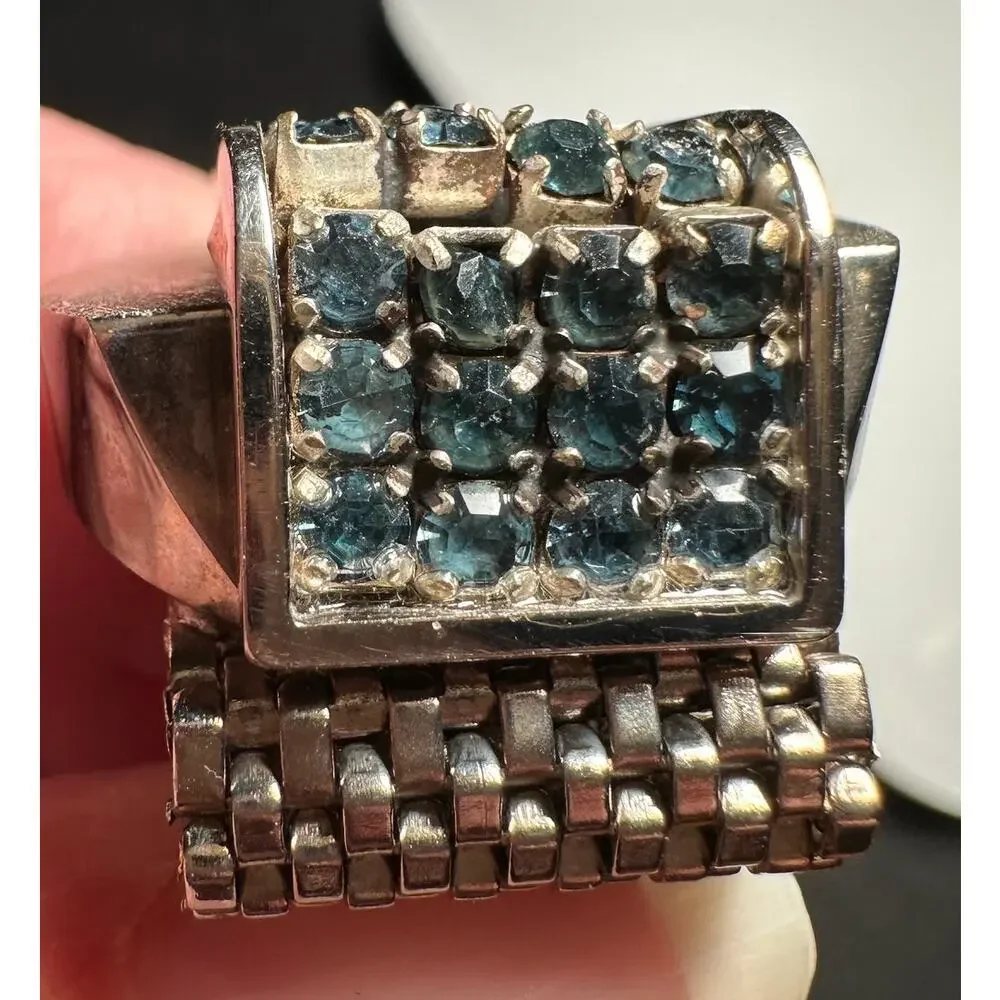 Vintage Cufflinks Tie Tac Set Blue Rhinestone Mesh Wrap Silver Tone retro